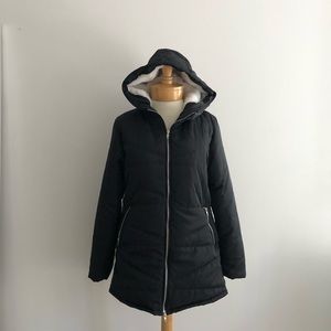 Women’s Hooded Black Puffer Jacket Coat Faux Fur M